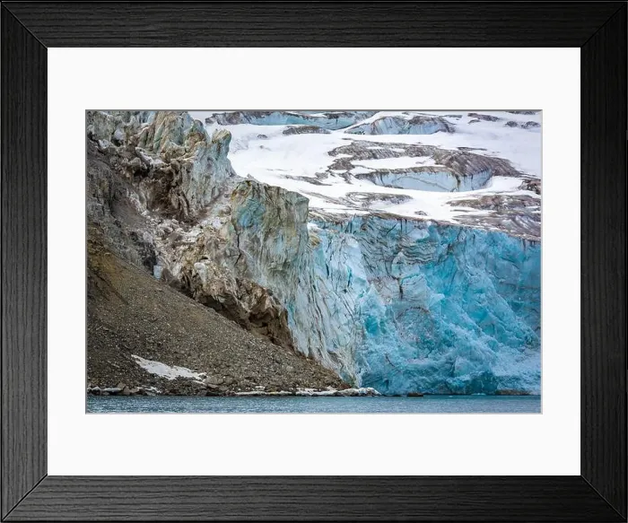 Framed Print : rocks waterfall small iceberg and glacier at the Alkefjellet between Spitsbergen and Nordaustlandet on Svalbard, Norway