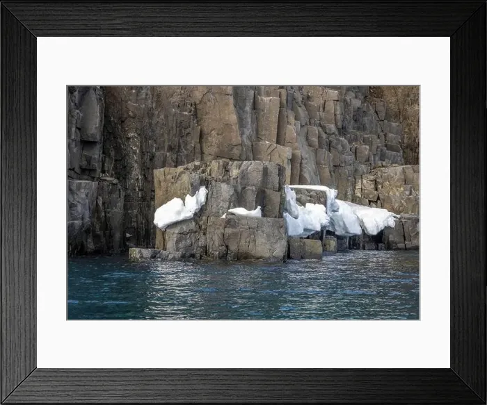Framed Print : rocks waterfall small iceberg and glacier at the Alkefjellet between Spitsbergen and Nordaustlandet on Svalbard, Norway Framed Print : rocks waterfall small iceberg and glacier at the Alkefjellet between Spitsbergen and Nordaustlandet on Svalbard, Norway
