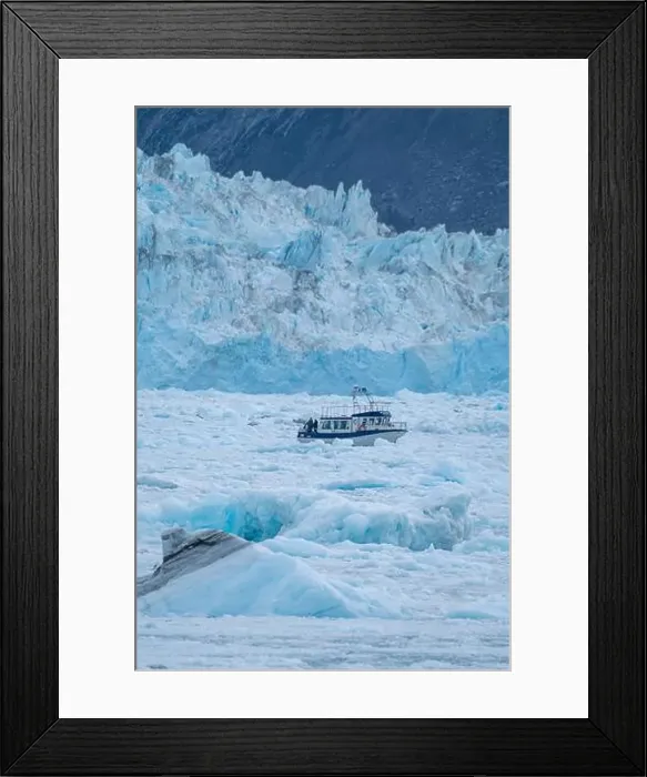 Framed Print : Little ship floating between the ice below the Eqi glacier, Western Greenland, Denmark, Polar Regions Framed Print : Little ship floating between the ice below the Eqi glacier, Western Greenland, Denmark, Polar Regions