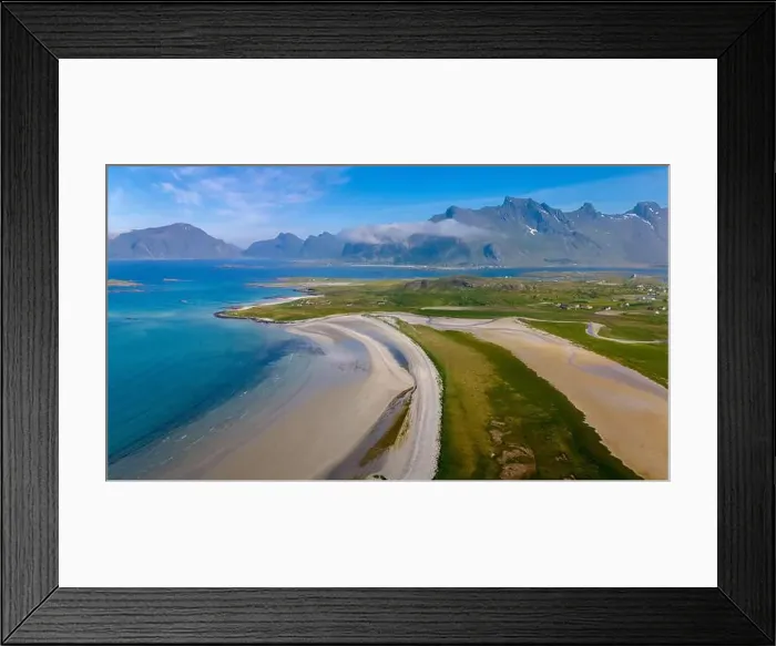 Framed Print : Aerial View of a Coastal Landscape in Norway, Kolbeinsanden Beach, Lofoten Framed Print : Aerial View of a Coastal Landscape in Norway, Kolbeinsanden Beach, Lofoten