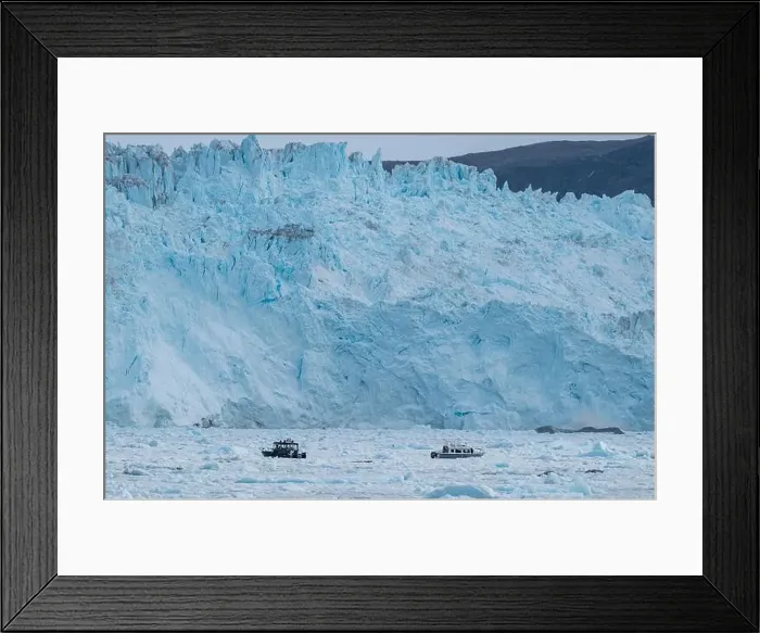 Framed Print : Little ship floating between the ice below the Eqi glacier, Western Greenland, Denmark, Polar Regions Framed Print : Little ship floating between the ice below the Eqi glacier, Western Greenland, Denmark, Polar Regions