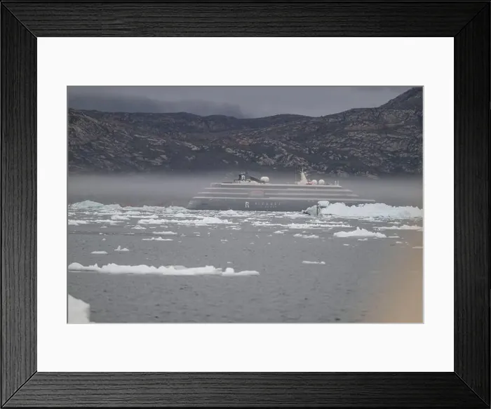 Framed Print : Cruise ship floating between the icebergs near the Eqi glacier, Ilulissat, Western Greenland, Denmark, Polar Regions Framed Print : Cruise ship floating between the icebergs near the Eqi glacier, Ilulissat, Western Greenland, Denmark, Polar Regions