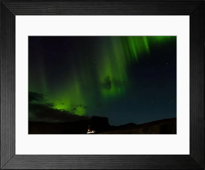 Framed Print : Northern lights shine above the church in VIk, Iceland Framed Print : Northern lights shine above the church in VIk, Iceland