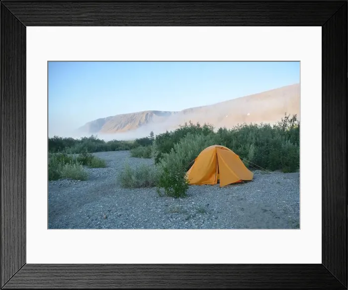 Framed Print : Travel to the Polar Urals. Orange tent against the backdrop of Mount Rai-Iz Framed Print : Travel to the Polar Urals. Orange tent against the backdrop of Mount Rai-Iz