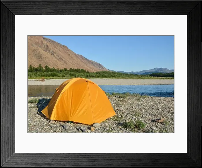 Framed Print : Travel to the Polar Urals. Orange tent against the backdrop of Mount Rai-Iz Framed Print : Travel to the Polar Urals. Orange tent against the backdrop of Mount Rai-Iz