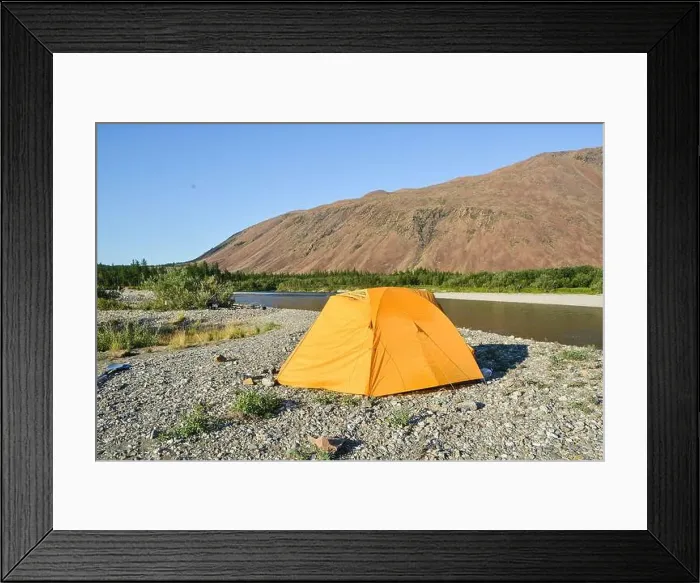 Framed Print : Travel to the Polar Urals. Orange tent against the backdrop of Mount Rai-Iz Framed Print : Travel to the Polar Urals. Orange tent against the backdrop of Mount Rai-Iz