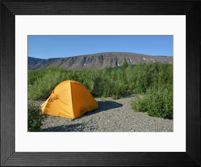 Framed Print : Travel to the Polar Urals. Orange tent against the backdrop of Mount Rai-Iz Framed Print : Travel to the Polar Urals. Orange tent against the backdrop of Mount Rai-Iz