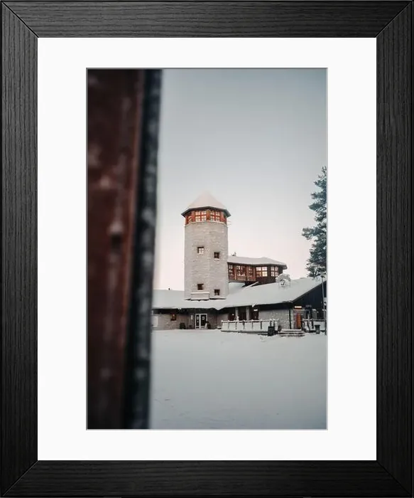 Framed Print : Entrance building in winter to wildlife park in Ranua, Lapland in snowy forest Framed Print : Entrance building in winter to wildlife park in Ranua, Lapland in snowy forest