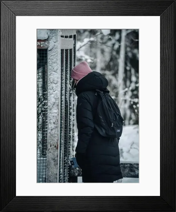 Framed Print : Woman in black coat looking in snowy animal enclosure in Ranua, Lapland Framed Print : Woman in black coat looking in snowy animal enclosure in Ranua, Lapland