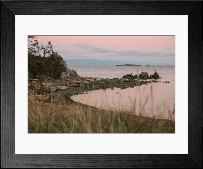 Framed Print : Rocky shoreline with driftwood at sunset, calm water and islands Framed Print : Rocky shoreline with driftwood at sunset, calm water and islands