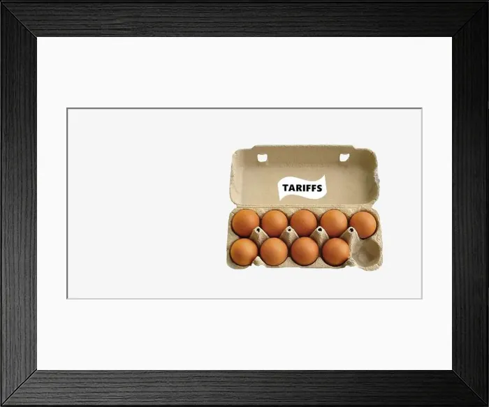 Framed Print : Egg shortage, Tariff label, An open egg tray with sticker