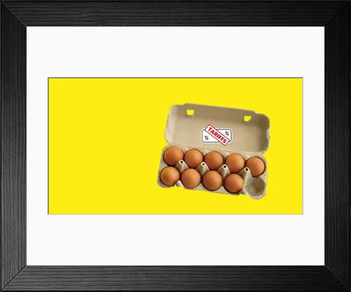 Framed Print : Egg shortage, Tariff label, An open egg tray with sticker Framed Print : Egg shortage, Tariff label, An open egg tray with sticker