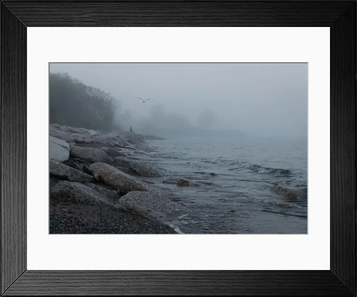 Framed Print : Thick fog on the shore of Lake Ontario in Toronto's Trillium Park with huge boulders in the foreground Framed Print : Thick fog on the shore of Lake Ontario in Toronto's Trillium Park with huge boulders in the foreground