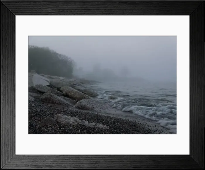 Framed Print : Thick fog on the shore of Lake Ontario in Toronto's Trillium Park with huge boulders in the foreground Framed Print : Thick fog on the shore of Lake Ontario in Toronto's Trillium Park with huge boulders in the foreground