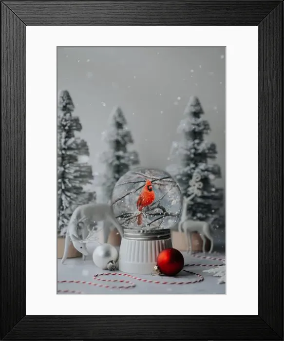 Framed Print : Snowglobe of red cardinal with white deer and trees for Christmas Framed Print : Snowglobe of red cardinal with white deer and trees for Christmas