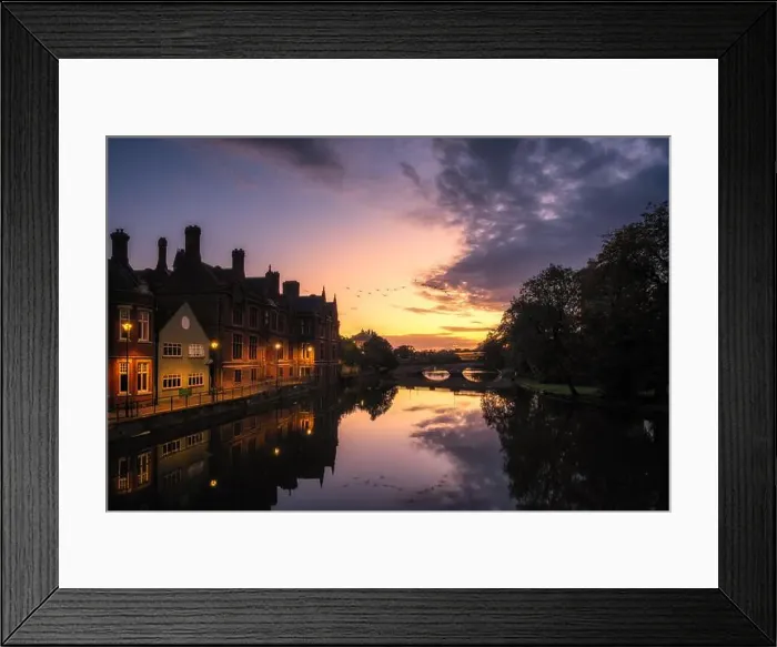 Framed Print : Buildings reflected in the still waters of the River Great Ouse at sunrise in Bedford Framed Print : Buildings reflected in the still waters of the River Great Ouse at sunrise in Bedford