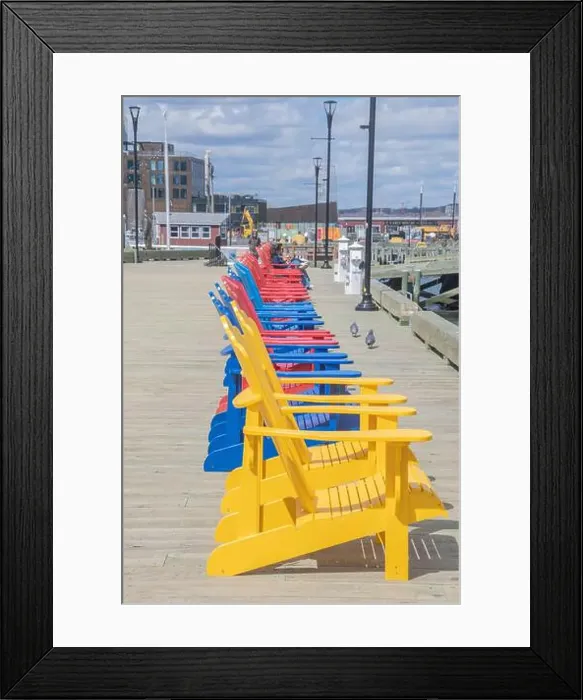 Framed Print : Row of colorful Adirondack chairs at the waterfront boardwalk in Halifax, Nova Scotia, Canada Framed Print : Row of colorful Adirondack chairs at the waterfront boardwalk in Halifax, Nova Scotia, Canada