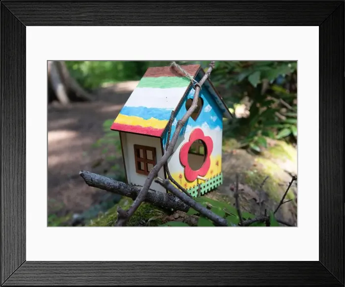 Framed Print : Collection of birdhouses made by children and placed on fallen trees in the forest Framed Print : Collection of birdhouses made by children and placed on fallen trees in the forest
