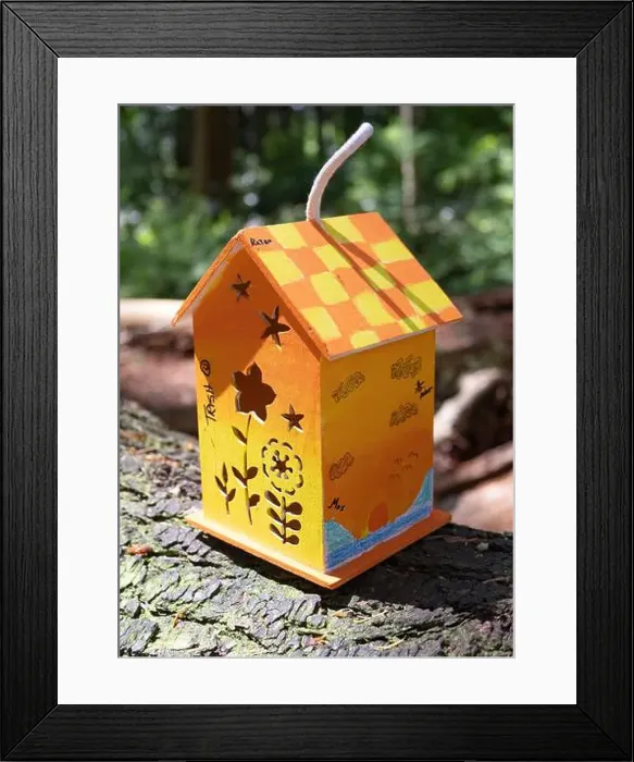 Framed Print : Collection of birdhouses made by children and placed on fallen trees in the forest Framed Print : Collection of birdhouses made by children and placed on fallen trees in the forest