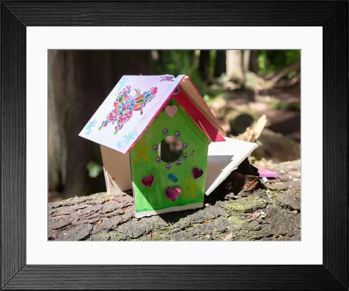 Framed Print : Collection of birdhouses made by children and placed on fallen trees in the forest Framed Print : Collection of birdhouses made by children and placed on fallen trees in the forest