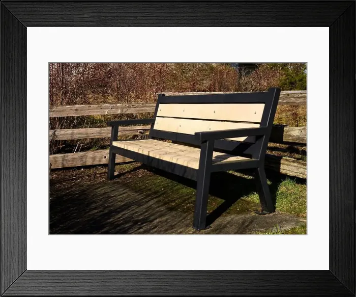Framed Print : A welcoming park bench with wooden railings and dried fall bushes in the background Framed Print : A welcoming park bench with wooden railings and dried fall bushes in the background