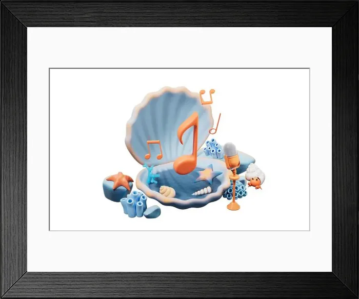 Framed Print : Scallop shell underwater and music notes, 3d rendering. 3D illustration Framed Print : Scallop shell underwater and music notes, 3d rendering. 3D illustration