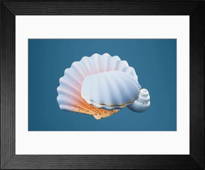 Framed Print : Scallop shell and spiral shell with cartoon style, 3d rendering. 3D illustration Framed Print : Scallop shell and spiral shell with cartoon style, 3d rendering. 3D illustration