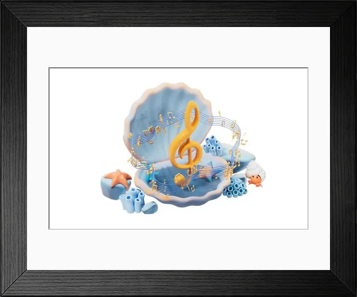 Framed Print : Scallop shell underwater and music notes, 3d rendering. 3D illustration Framed Print : Scallop shell underwater and music notes, 3d rendering. 3D illustration