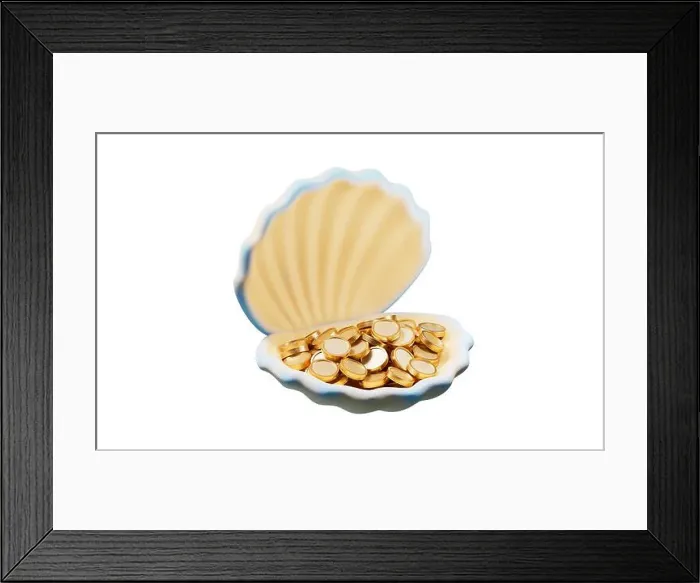 Framed Print : Scallop shell and golden coins with cartoon style, 3d rendering. 3D illustration Framed Print : Scallop shell and golden coins with cartoon style, 3d rendering. 3D illustration
