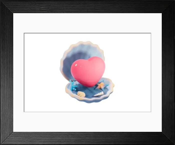 Framed Print : Scallop shell underwater with love heart inside, 3d rendering. 3D illustration Framed Print : Scallop shell underwater with love heart inside, 3d rendering. 3D illustration