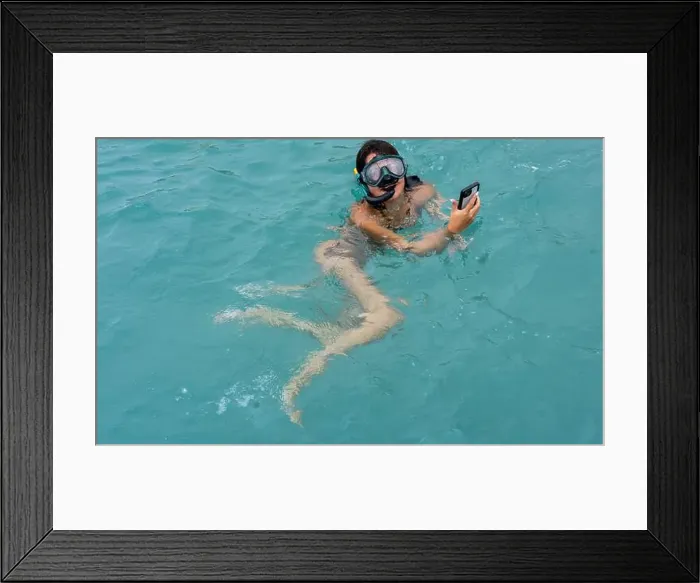 Framed Print : Girl uses her phone to take pictures of turtles, Curaçao