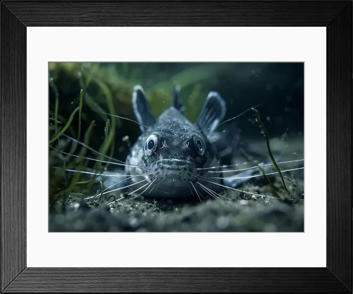 Framed Print : A monkfish with large eyes and a wide mouth looks into the camera. The fish has a brown and white coloration Framed Print : A monkfish with large eyes and a wide mouth looks into the camera. The fish has a brown and white coloration