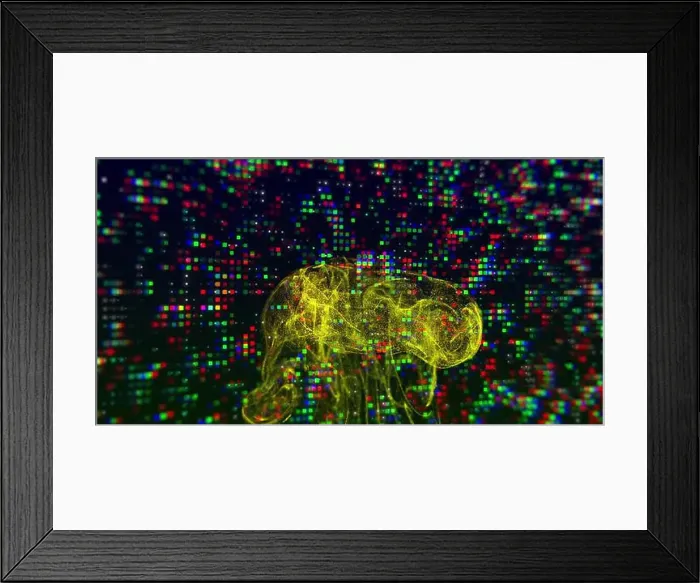 Framed Print : Neon yellow jellyfish image over colorful pixelated digital background Framed Print : Neon yellow jellyfish image over colorful pixelated digital background