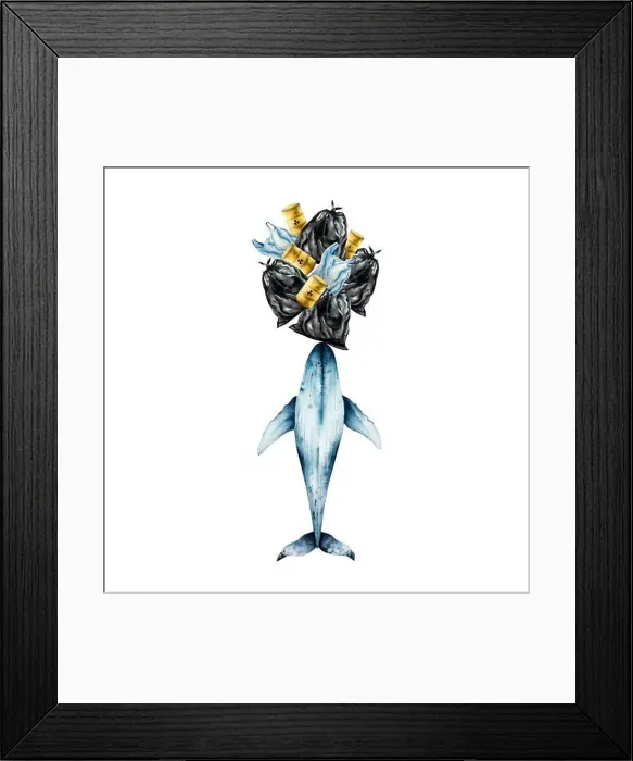 Framed Print : Blue whale carries a mountain of garbage Framed Print : Blue whale carries a mountain of garbage