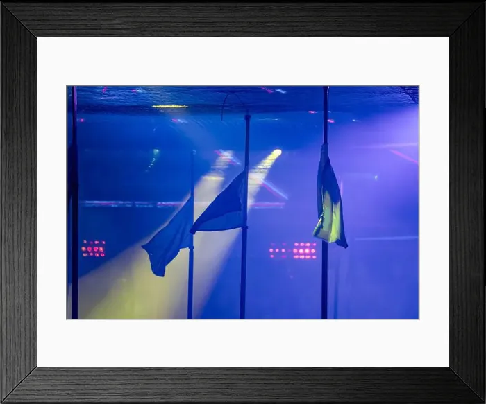 Framed Print : A blue flag is hanging from a pole in front of a blue background. The flag is the only thing visible in the image Framed Print : A blue flag is hanging from a pole in front of a blue background. The flag is the only thing visible in the image