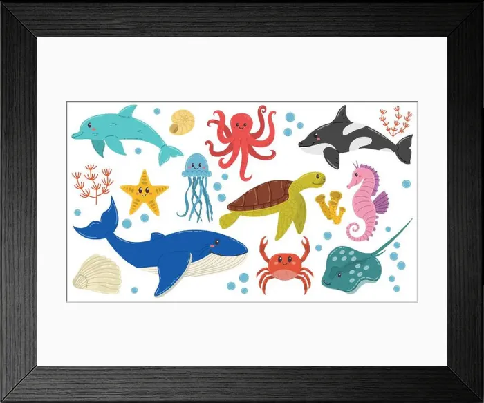 Framed Print : Cute cartoon happy sea animals in flat style Framed Print : Cute cartoon happy sea animals in flat style