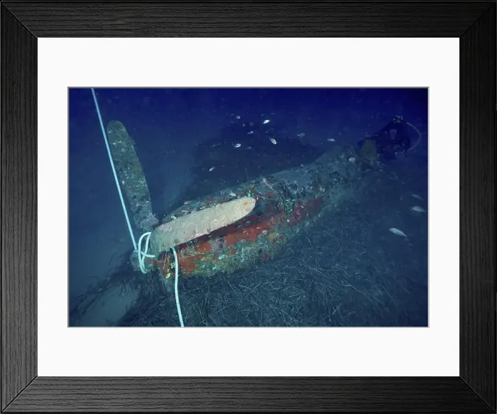 Framed Print : World War II aircraft wreck in deep blue underwater Framed Print : World War II aircraft wreck in deep blue underwater