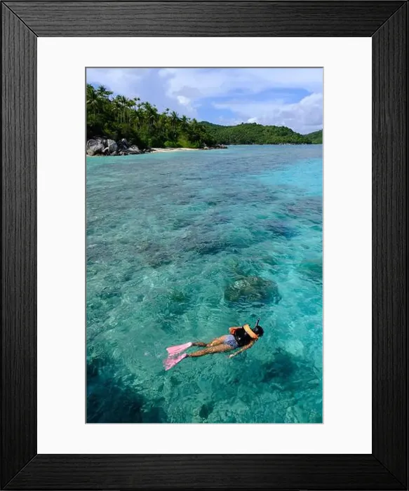 Framed Print : Indonesia Anambas Islands - Female snorkeller in coral reef vertical Framed Print : Indonesia Anambas Islands - Female snorkeller in coral reef vertical