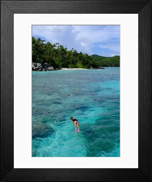 Framed Print : Indonesia Anambas Islands - Female snorkeller in coral reef vertical Framed Print : Indonesia Anambas Islands - Female snorkeller in coral reef vertical