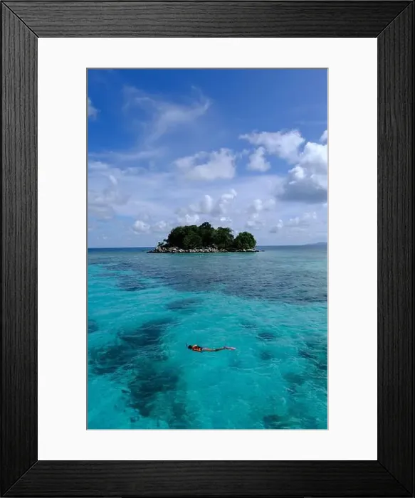 Framed Print : Indonesia Anambas Islands - Female snorkeller in coral reef vertical