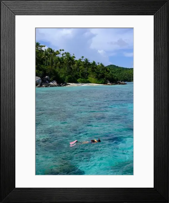 Framed Print : Indonesia Anambas Islands - Female snorkeller in coral reef vertical Framed Print : Indonesia Anambas Islands - Female snorkeller in coral reef vertical