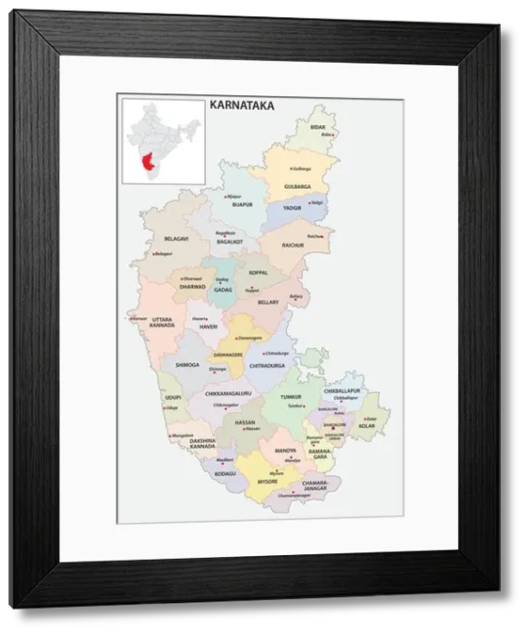 Framed Print : administrative and political map of indian state of Karnataka, india Framed Print : administrative and political map of indian state of Karnataka, india