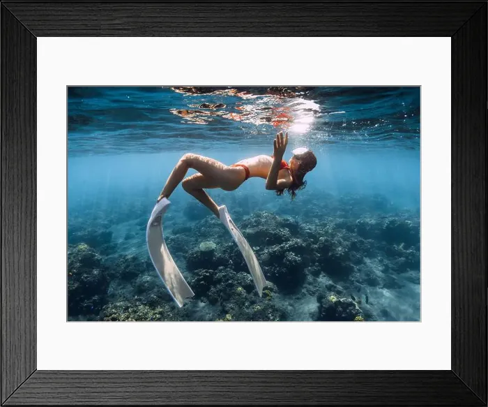 Framed Print : Woman with sexy body swimming in tropical blue sea. Snorkeling with sexy girl Framed Print : Woman with sexy body swimming in tropical blue sea. Snorkeling with sexy girl