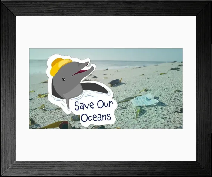 Framed Print : Image of save our oceans text with dolphin over rubbish on beach Framed Print : Image of save our oceans text with dolphin over rubbish on beach