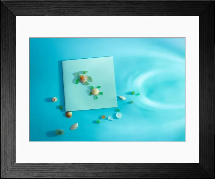 Framed Print : Turtle design using seashells and glass on blue sea background Framed Print : Turtle design using seashells and glass on blue sea background