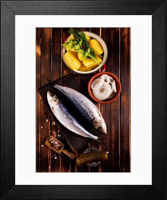 Framed Print : Herring or Baltic herring with salt on dark backgruond