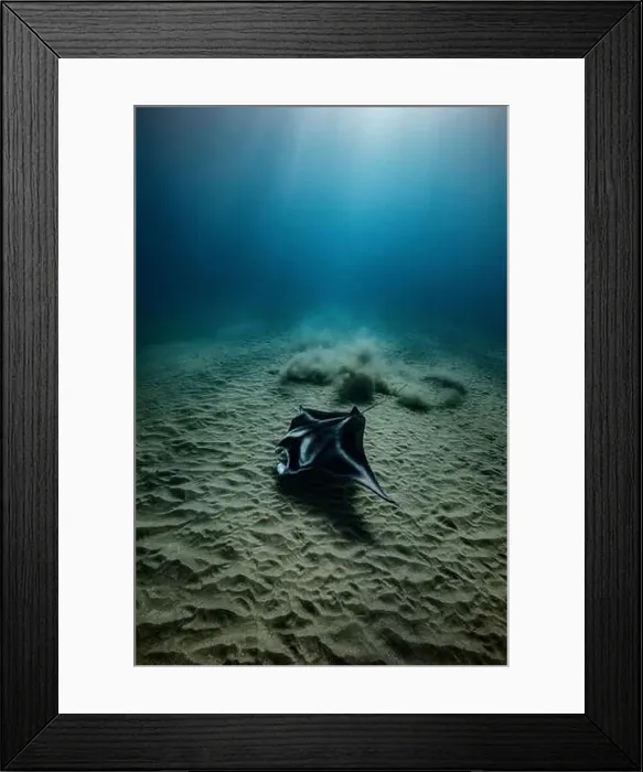 Framed Print : A coastal manta ray skims the sandy seafloor, stirring up the sand, as it hunts for food in the waters of Oahu, Hawaii Framed Print : A coastal manta ray skims the sandy seafloor, stirring up the sand, as it hunts for food in the waters of Oahu, Hawaii