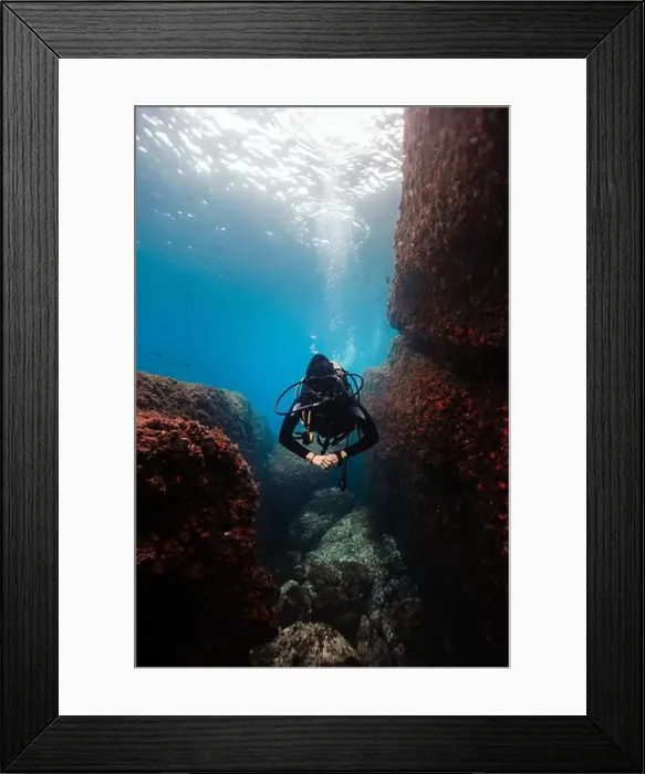 Framed Print : A female diver glides through a narrow underwater canyon Framed Print : A female diver glides through a narrow underwater canyon