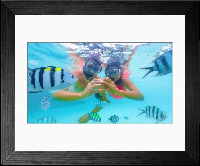 Framed Print : A man and a woman enjoy underwater swimming with fish in a leisurely manner Framed Print : A man and a woman enjoy underwater swimming with fish in a leisurely manner