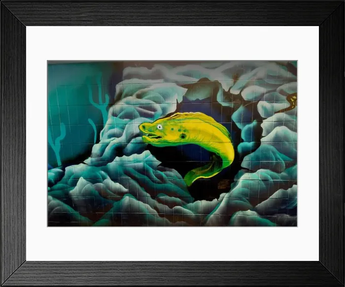 Framed Print : Mural of conger eel in Hibiscus walk underpass in Porthcawl UK Framed Print : Mural of conger eel in Hibiscus walk underpass in Porthcawl UK